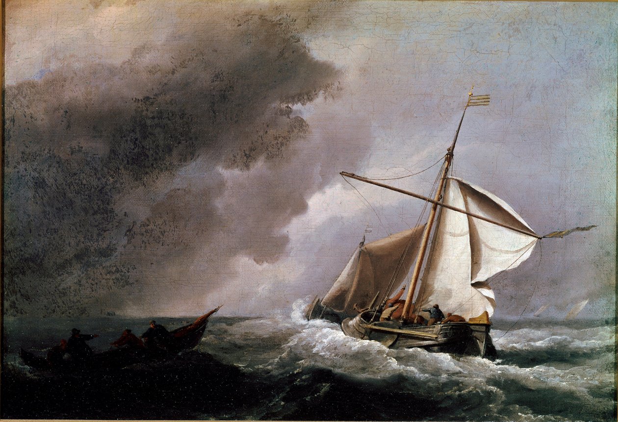 Hollanda gemisi cankurtaran sandalını bekleyen yelkenlerini indiriyor Resim Willem Van de Velde genç (1633-1707) 1660 Güneş. 23,2x33,2 cm Londra, Ulusal galeri by Willem van de Velde the Younger