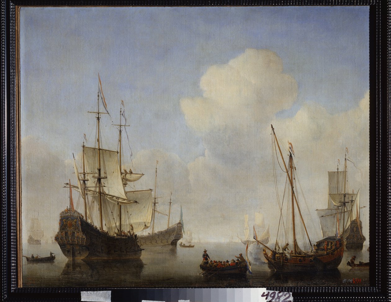 Batı Afrika Kıyısında Hollanda Filosu. Willem van de Velde the Younger (1633-1707) tarafından yapılan tablo. Tuval üzerine yağlı boya, 1660 civarı. Hollanda okulu, Barok sanatı. Devlet Açık Hava Müzesi Peterhof, Saint Peters by Willem van de Velde the Younger
