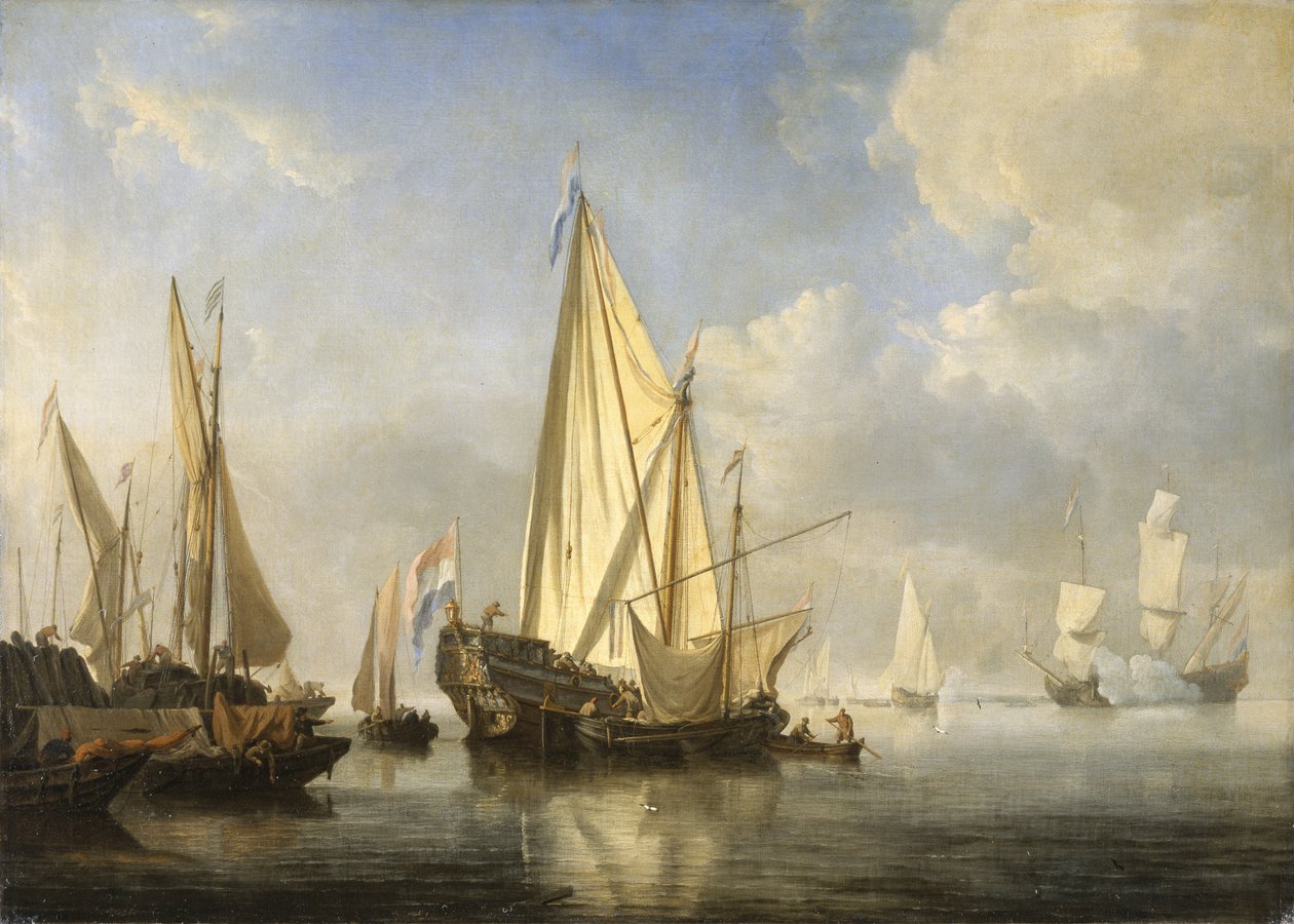 Bir iskelenin sonunda bir Devlet Yatıyla sakin bir şekilde nakliye, c.1680 (tuval üzerine yağlı boya) by Willem van de Velde the Younger