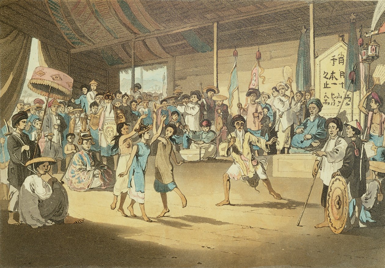 Bir Cochin-Çin Operası sahnesi, Thomas Medland (1755-1823) 1806 (aquatint) tarafından John Barrow (1764-1848) tarafından 