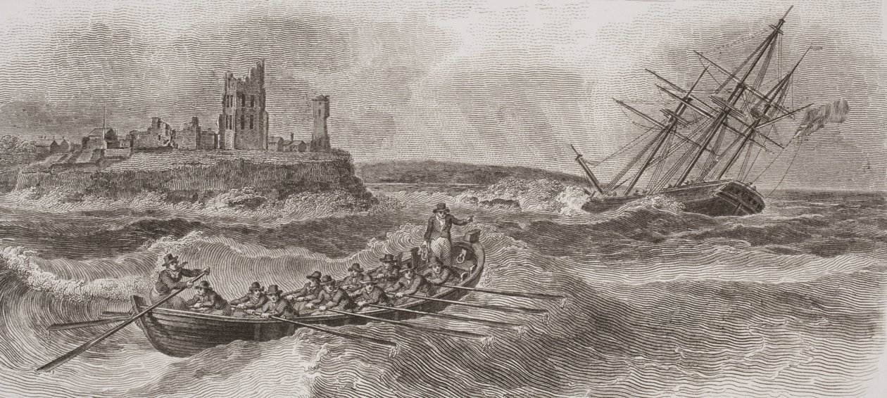 Thomas Milton (1743-1827) 1820 tarafından kazınmış, batan bir yelkenli geminin kurtarılması için kürek çeken cankurtaran botu by William Anderson