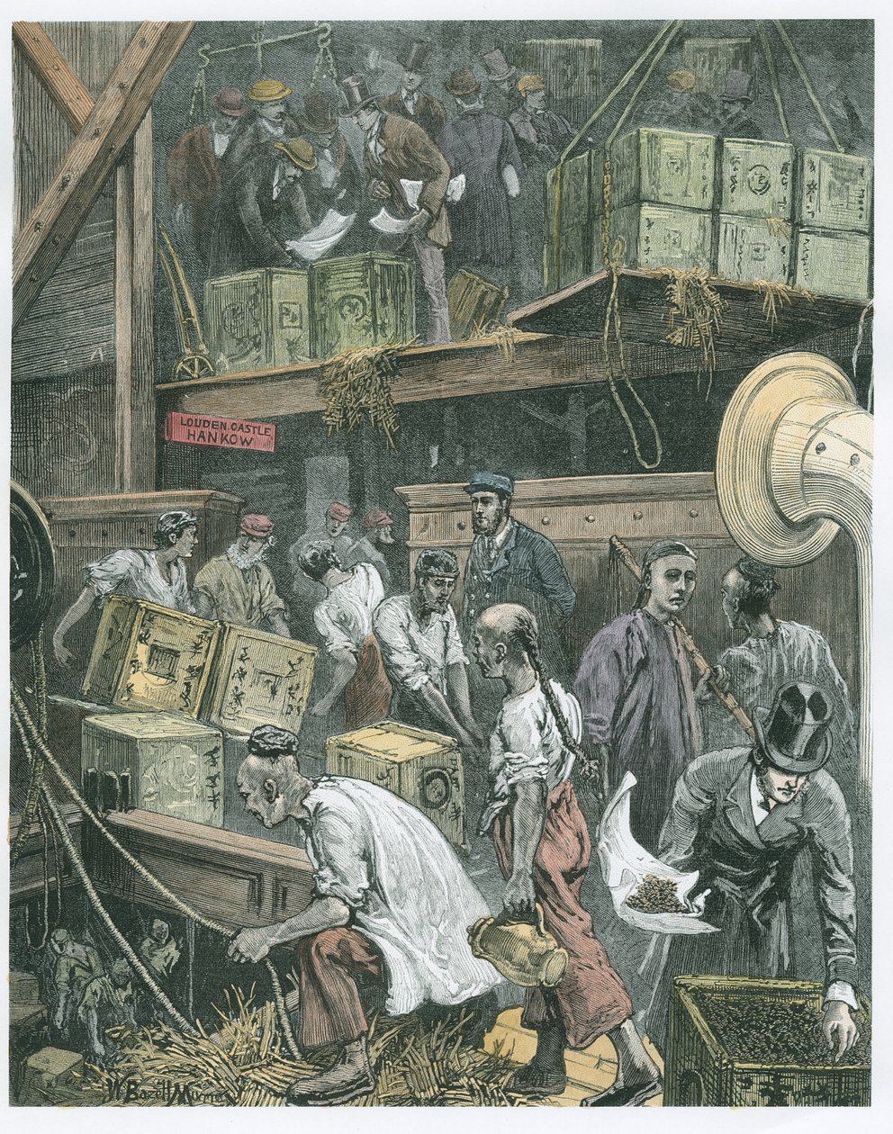 Londra Rıhtımlarında Bir Çay Gemisinde Yığın Kırma (daha sonra renklendirme) by William Bazett Murray