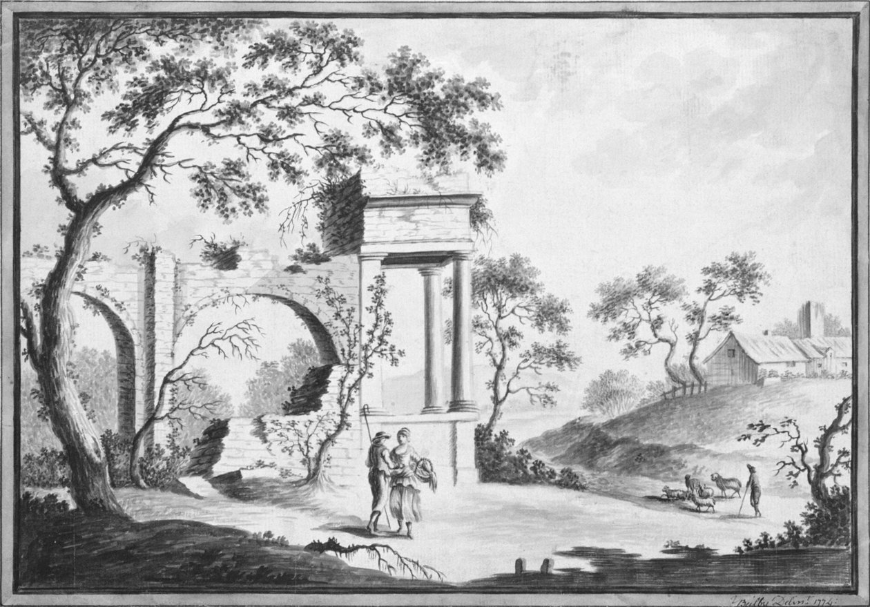 Klasik Kalıntılar ve Çobanlar ile İtalyan Manzarası (çizim) by William Beilby