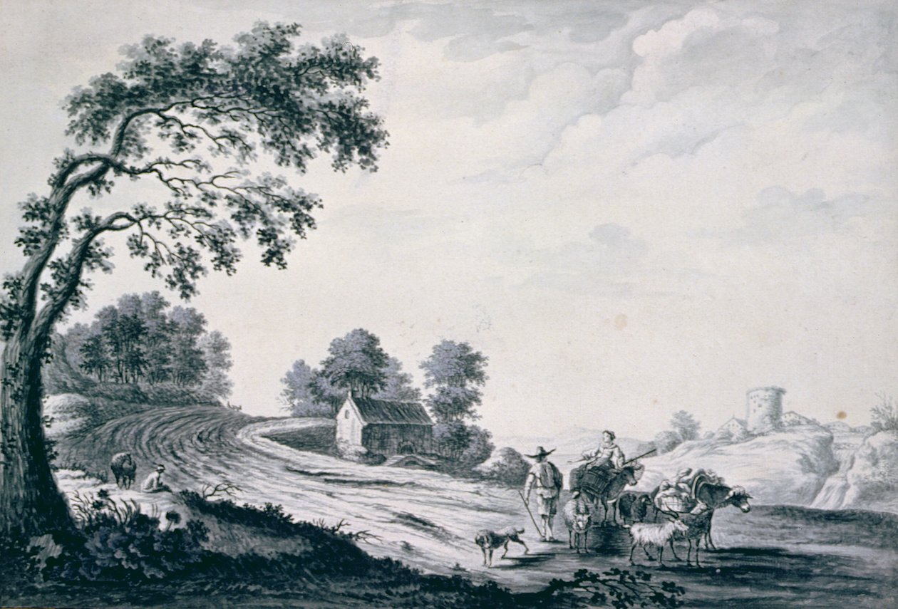Yolda Köylüler ve Hayvanlarla İtalyan Manzarası (çizim) by William Beilby