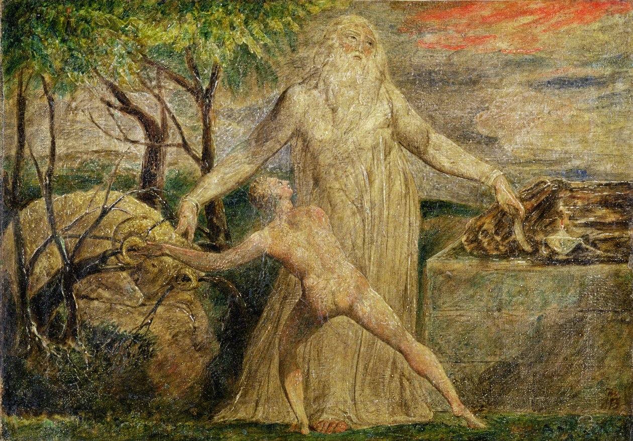 Aburahamu na Isaka, 1799-1800 (tempera, ikaramu na wino kuri canvas) by William Blake