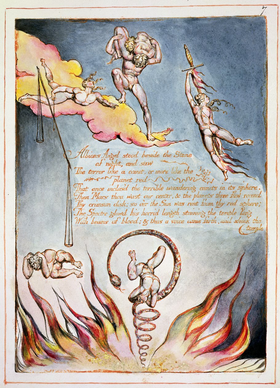 Albion'un Meleği Yanında Durdu, 'America, a Prophecy'den 5. levha, 1793 (kağıt üzerinde kabartma gravür ve tuvalet) by William Blake