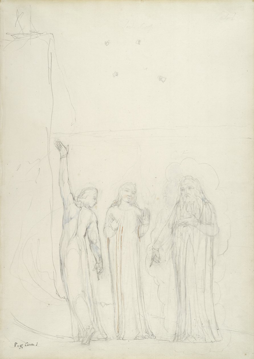 Dante, Virgil and Cato, illustration to the Divine Comedy by Dante Alighieri, 1824-27 (pencil with ink & wc on paper) by William Blake