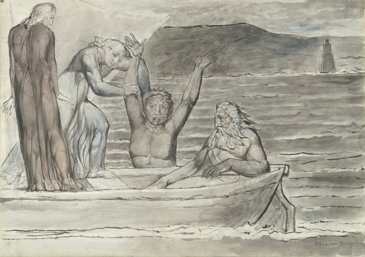 Dante and Virgil in the Skiff of Phlegyas are hailed by Filippo Argenti, illustration to the Divine Comedy by Dante Alighieri, 1824-27 (pen & ink with wc over pencil and chalk on paper) by William Blake