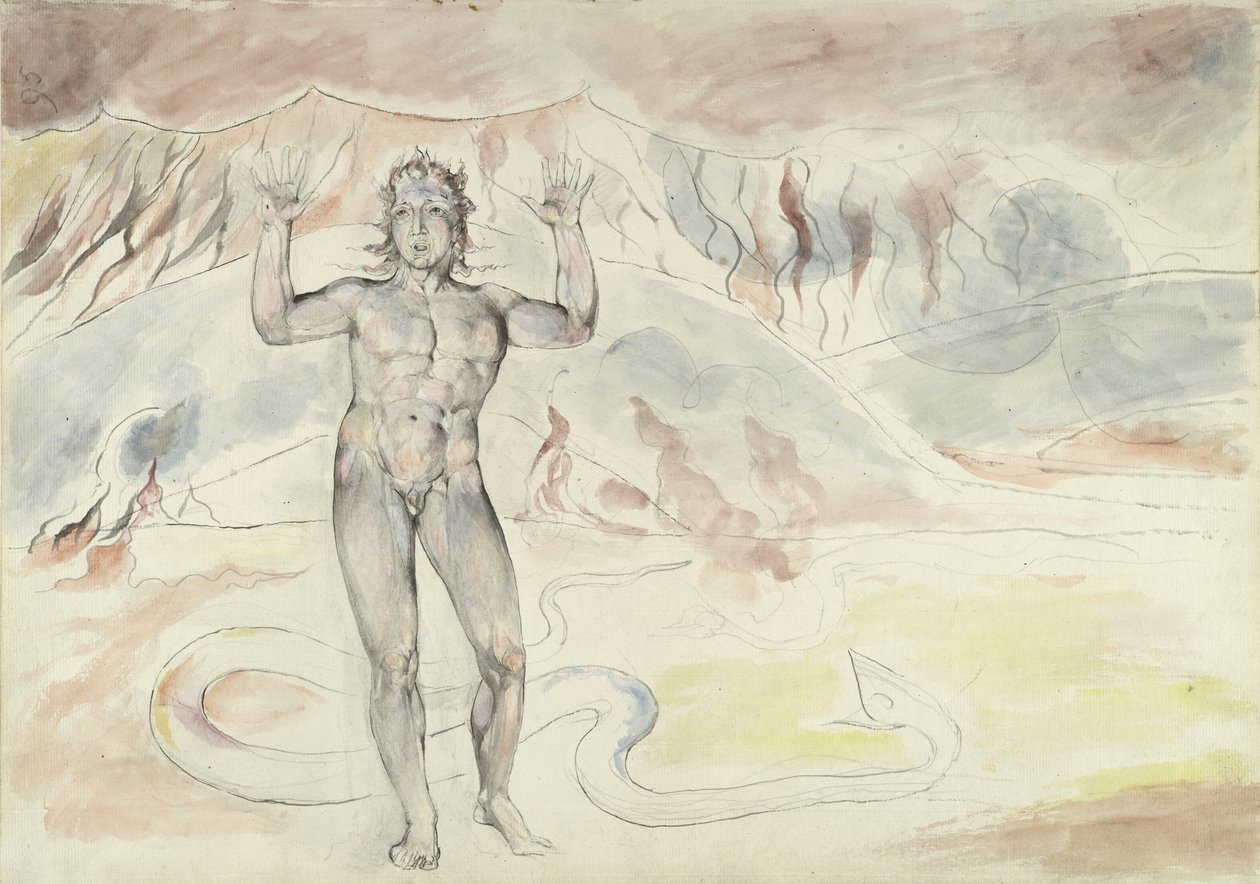 Donati transformed into a serpent; Francesco deCavalcanti retransformed into a man, illustration to the Divine Comedy by Dante Alighieri, 1824-27 (pen & ink with wc over pencil and chalk on paper) by William Blake