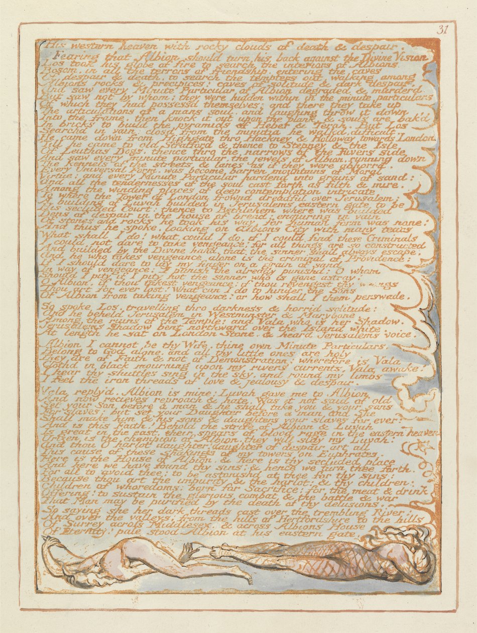 Kudüs Batı Cenneti..., pl.31, from Jerusalem the Emanation of the Giant Albion William Blake (1757-1827), 1804-1820 (kağıt üzerinde kalem ve wc ile kabartma gravür) by William Blake