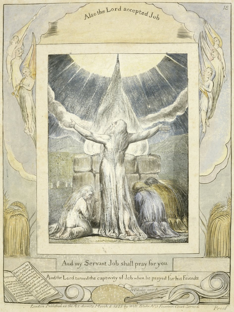 Job Praying (pl.18) from the Book of Job, c.1793 (hand tinted line engraving) by William Blake