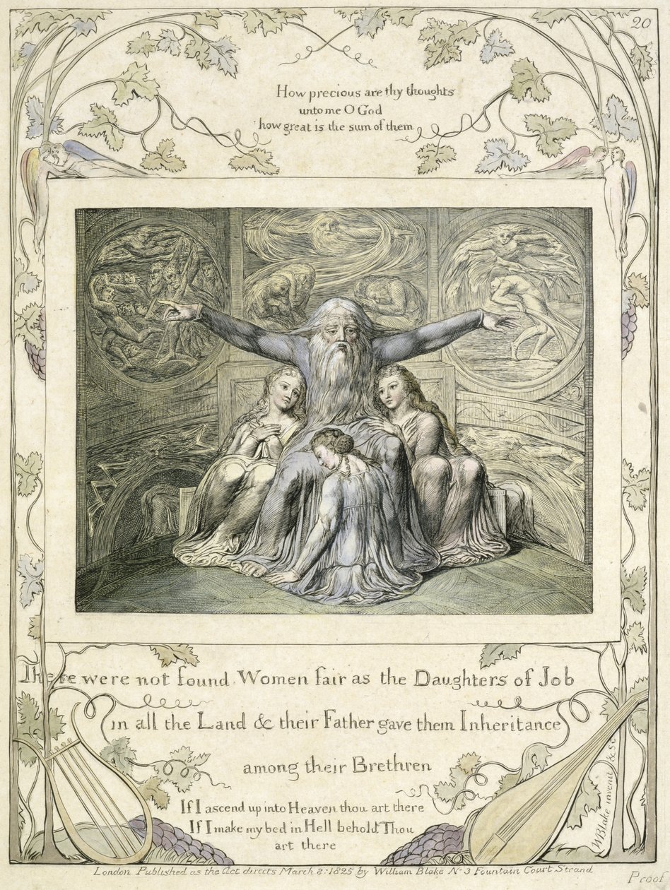 Eyüp ve Kızları (lev.20), Eyüp Kitabından, c.1793 (el ile renklendirilmiş çizgi gravürü) by William Blake