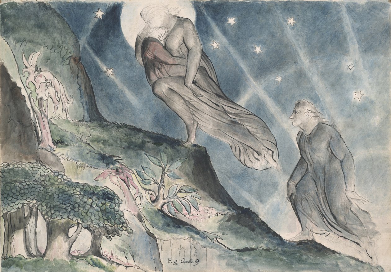 Lucia carrying Dante in his sleep, illustration to the Divine Comedy by Dante Alighieri, 1824-27 (pen & ink with wc over pencil and chalk on paper) by William Blake