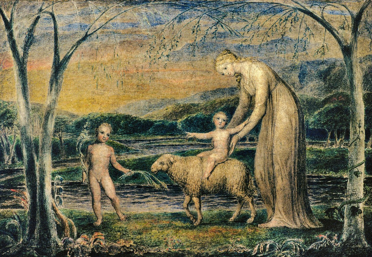 Aziz John ile Kuzuya Binmiş Bebek İsa ile Our Lady, 1800 (tempera) by William Blake