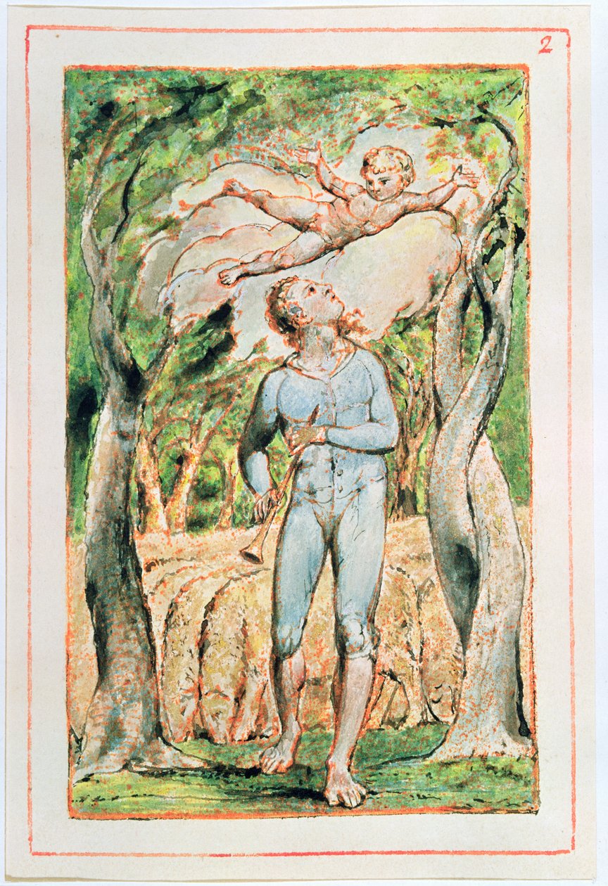 Masumiyet Şarkıları; Piper (ön parça), 1789 (kabartma gravür, wc ile renklendirilmiş) by William Blake