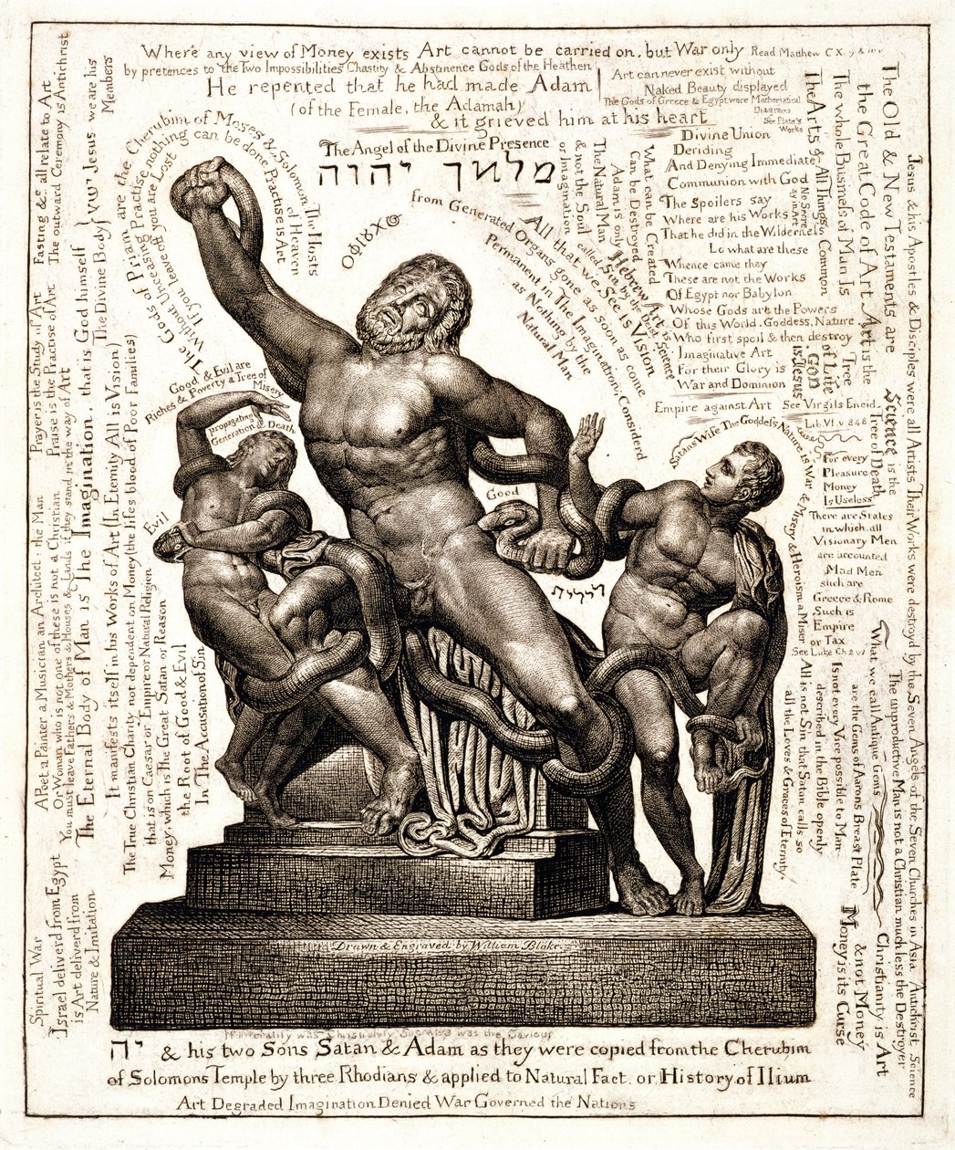 Laocoon, Yehova olarak Şeytan ve Adem ile birlikte, 1820 dolayları (çizgi gravürü) by William Blake