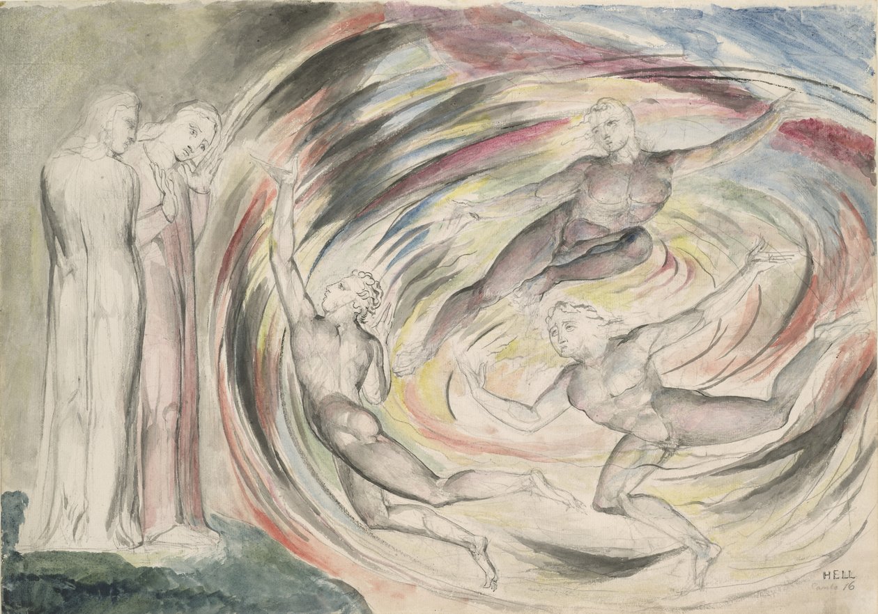 The Punishment of Rusticucci and his Companions, illustration to the Divine Comedy by Dante Alighieri, 1824-27 (pen & ink with wc over pencil and chalk on paper) by William Blake