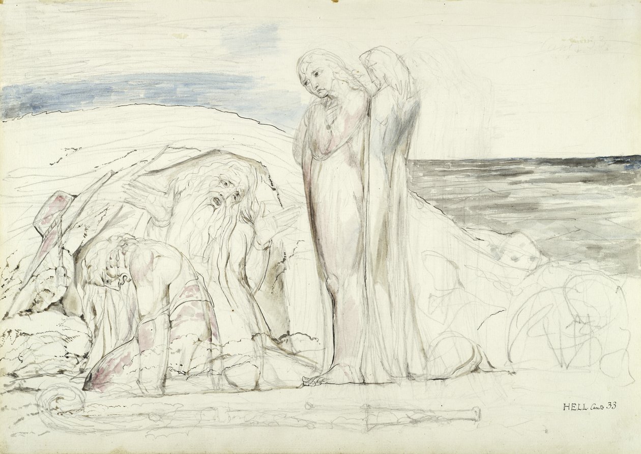 Ugolinos Narrative, illustration to the Divine Comedy by Dante Alighieri, 1824-27 (pen & ink with wc over pencil and chalk on paper) by William Blake