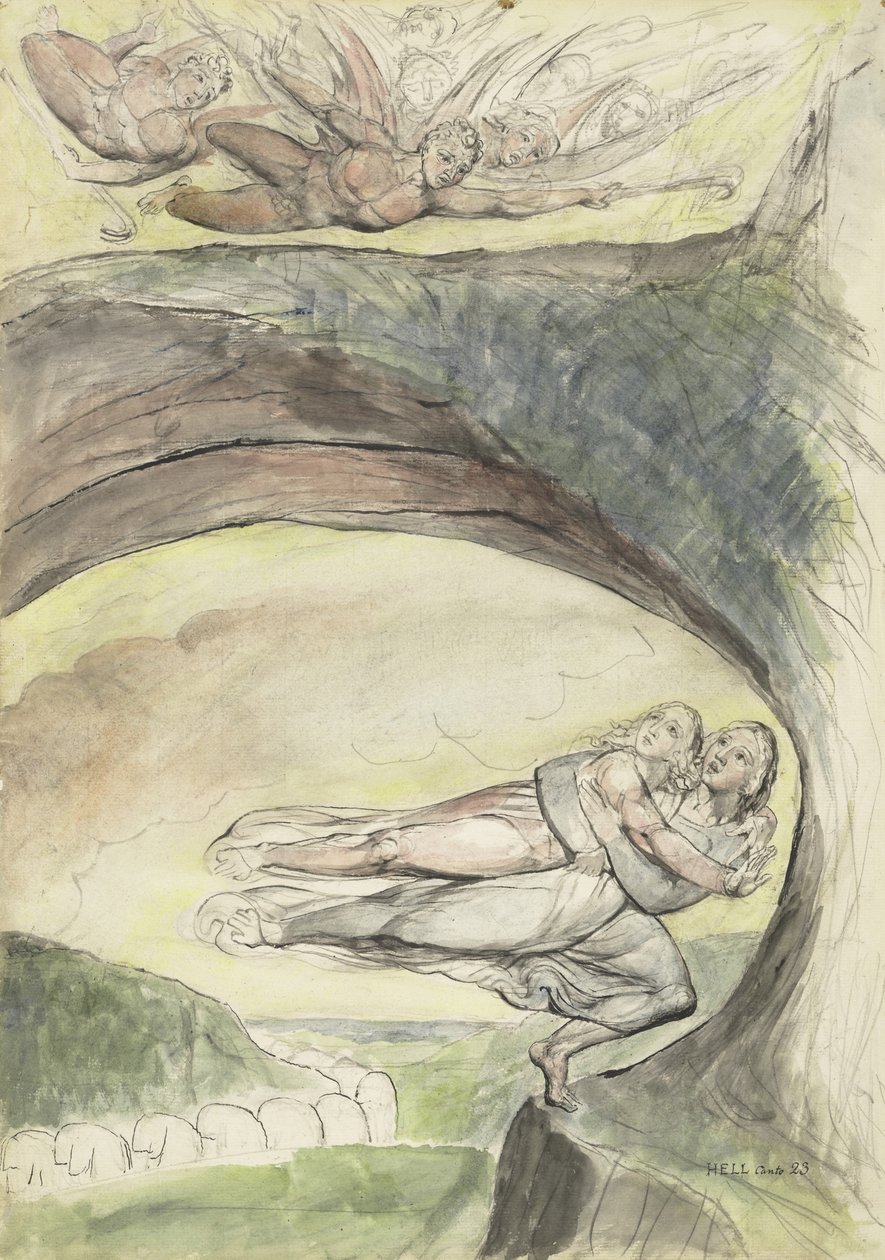 Virgil rescues Dante from the evil demons, illustration to the Divine Comedy by Dante Alighieri, 1824-27 (pen & ink with wc over pencil and chalk on paper) by William Blake