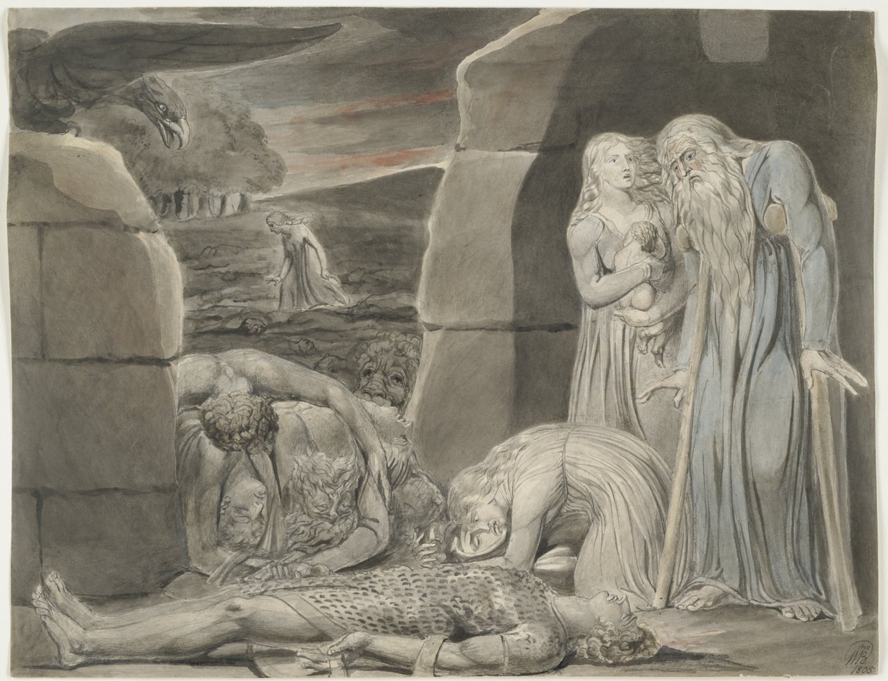 Savaş, 1805 (wc, siyah ve gri mürekkep ve kirli beyaz dokuma kağıt üzerine grafit) by William Blake