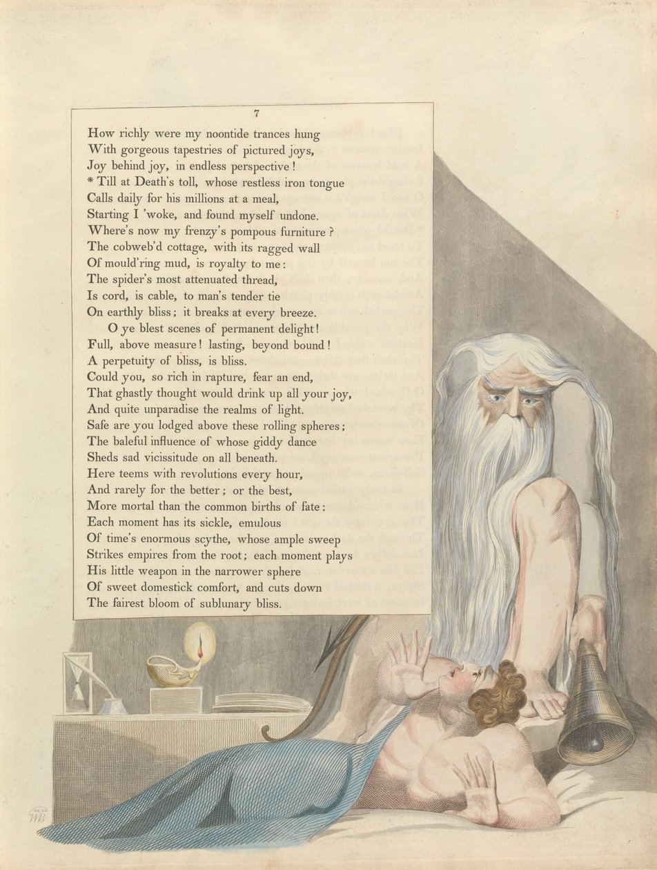 Gençlerin Gece Düşünceleri, Sayfa 7, Ölümlere Kadar, huzursuz demir dili by William Blake