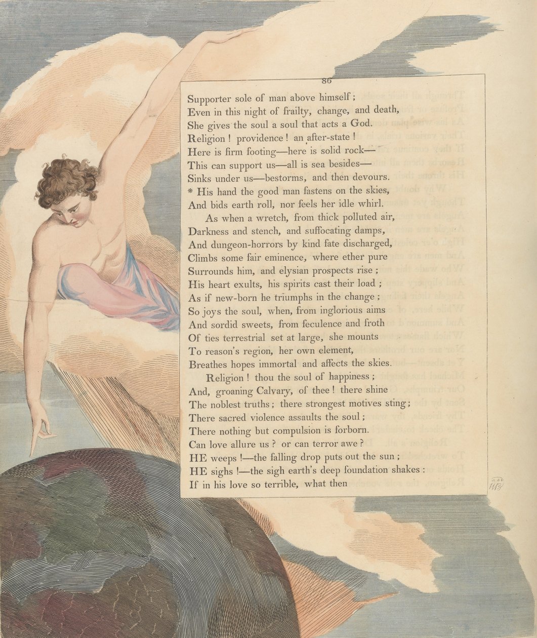 Gençlerin Gece Düşünceleri, Sayfa 86, İyi adam elini gökyüzüne kenetliyor by William Blake