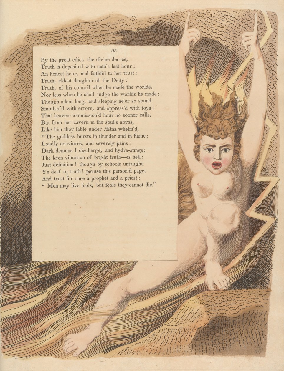 Gençlerin Gece Düşünceleri, Sayfa 95, Tanrıça gök gürültüsü ve alevler içinde patlıyor by William Blake