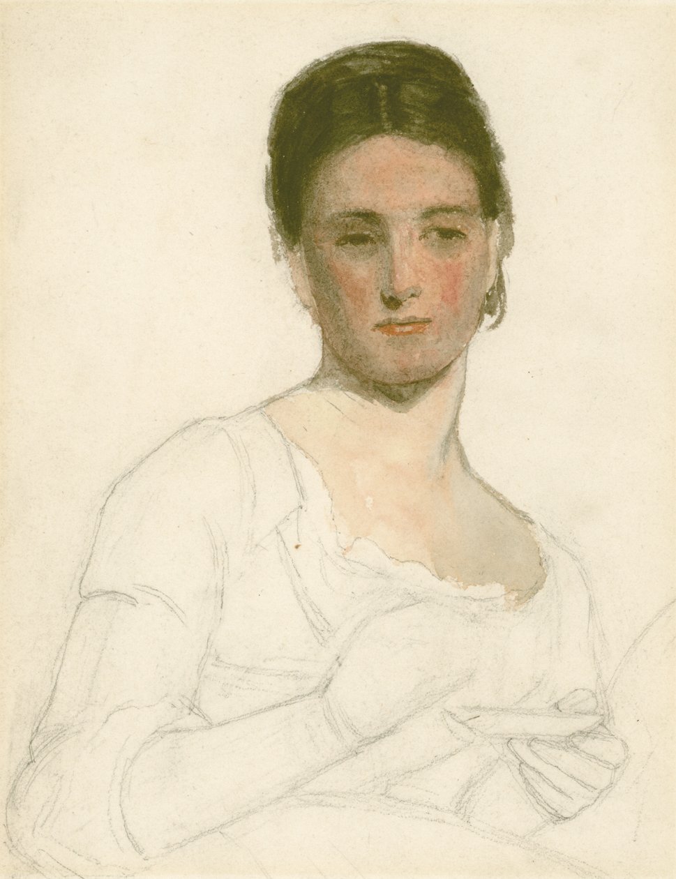 Bir fincan ve fincan tabağı tutan genç bir kadının taslağı, c.1875 (kağıt üzerinde kalem ve tuvalet) by William Morris