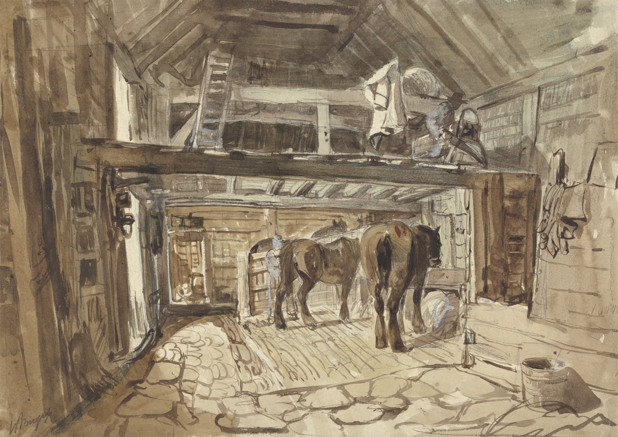 İki At Beslemeli Ahırın İçi (grafit, kalem ve kağıt üzerinde yıkamalı mürekkep) by Henry William Burgess