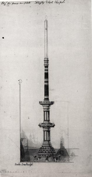 Şamdan Tasarımı, Rugby Okulu Şapeli, c.1870 (siyah mürekkep, kurşun kalem ve tuvalet) by William Butterfield