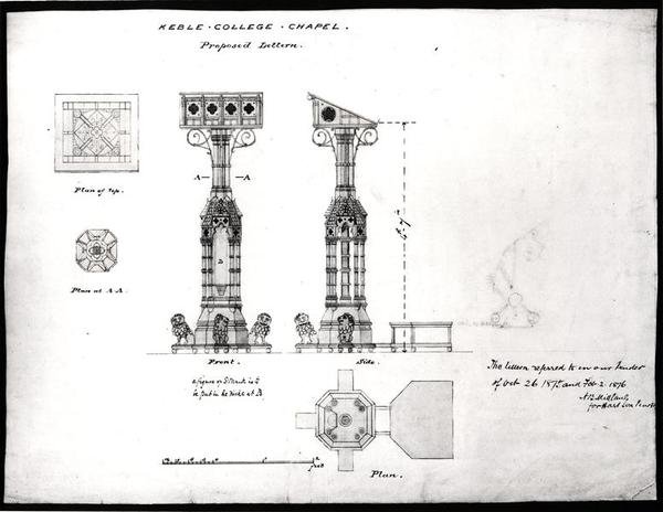 Bir Kürsü için Tasarım, Keble College Chapel, Oxford, 1875-76 (siyah mürekkep, kurşun kalem ve sulu boya) by William Butterfield