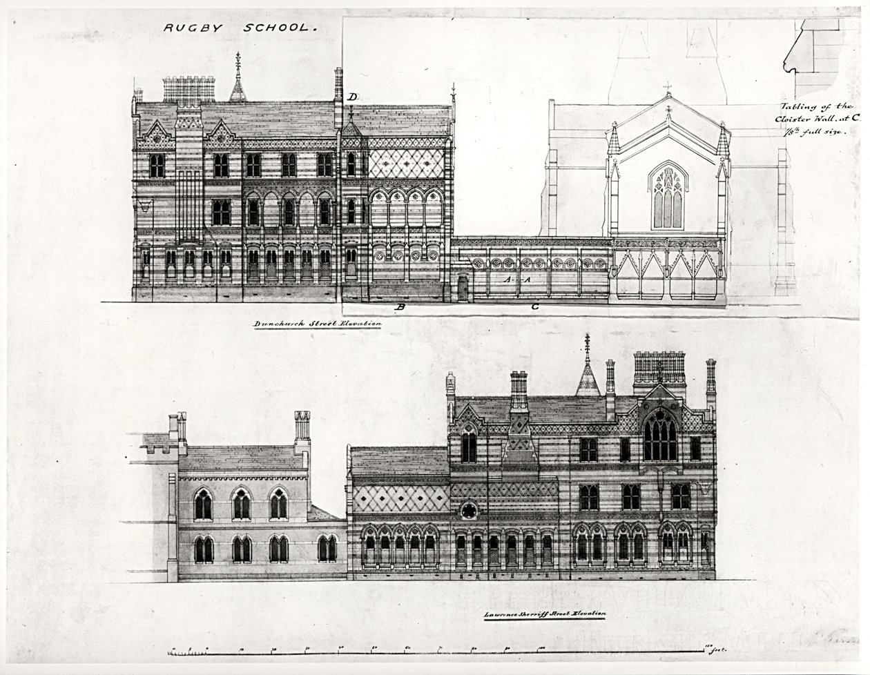 West and North Elevations, New School, Rugby School, 1867 (siyah mürekkep, kurşun kalem ve wc) by William Butterfield