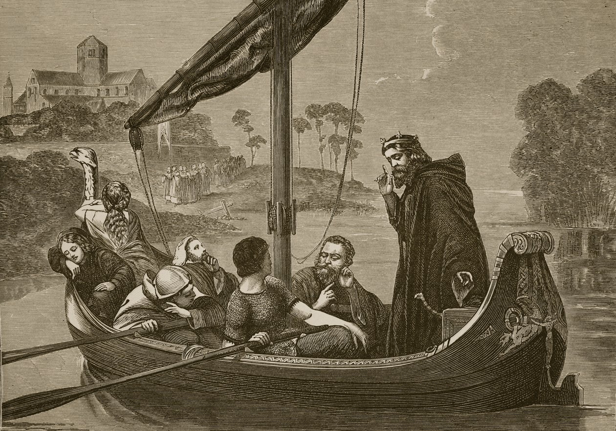 F. Wentworth tarafından oyulmuş Ely Minster korosunu dinlerken Nene nehrinde Canute by William Cave Thomas