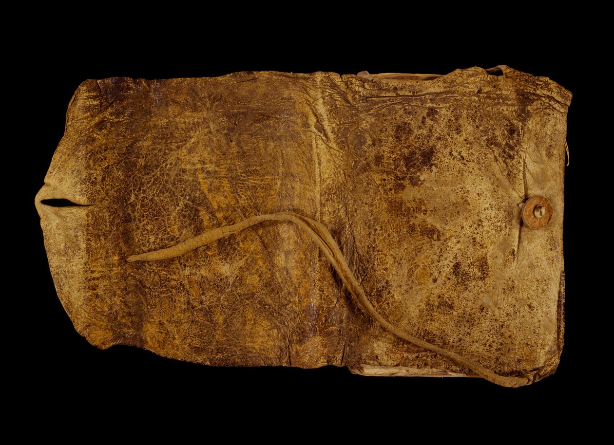 Günlük, katlanır kapaklı, düğmeli ve deri kayışlı yumuşak geyik derisi kapağında elle dikilir by William Clark