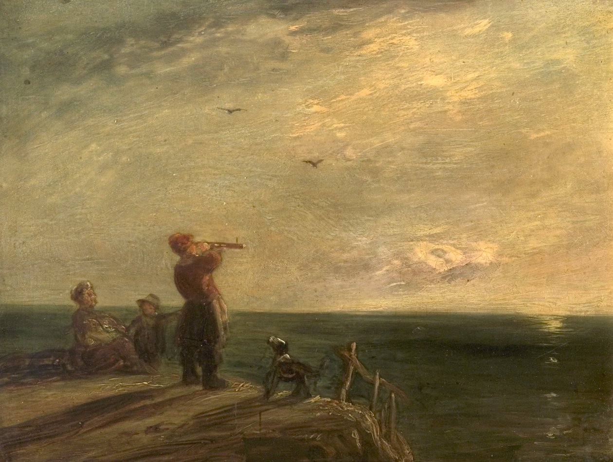 Figürler ve Köpek, Gün Batımı ile Deniz Manzarası by William Collins