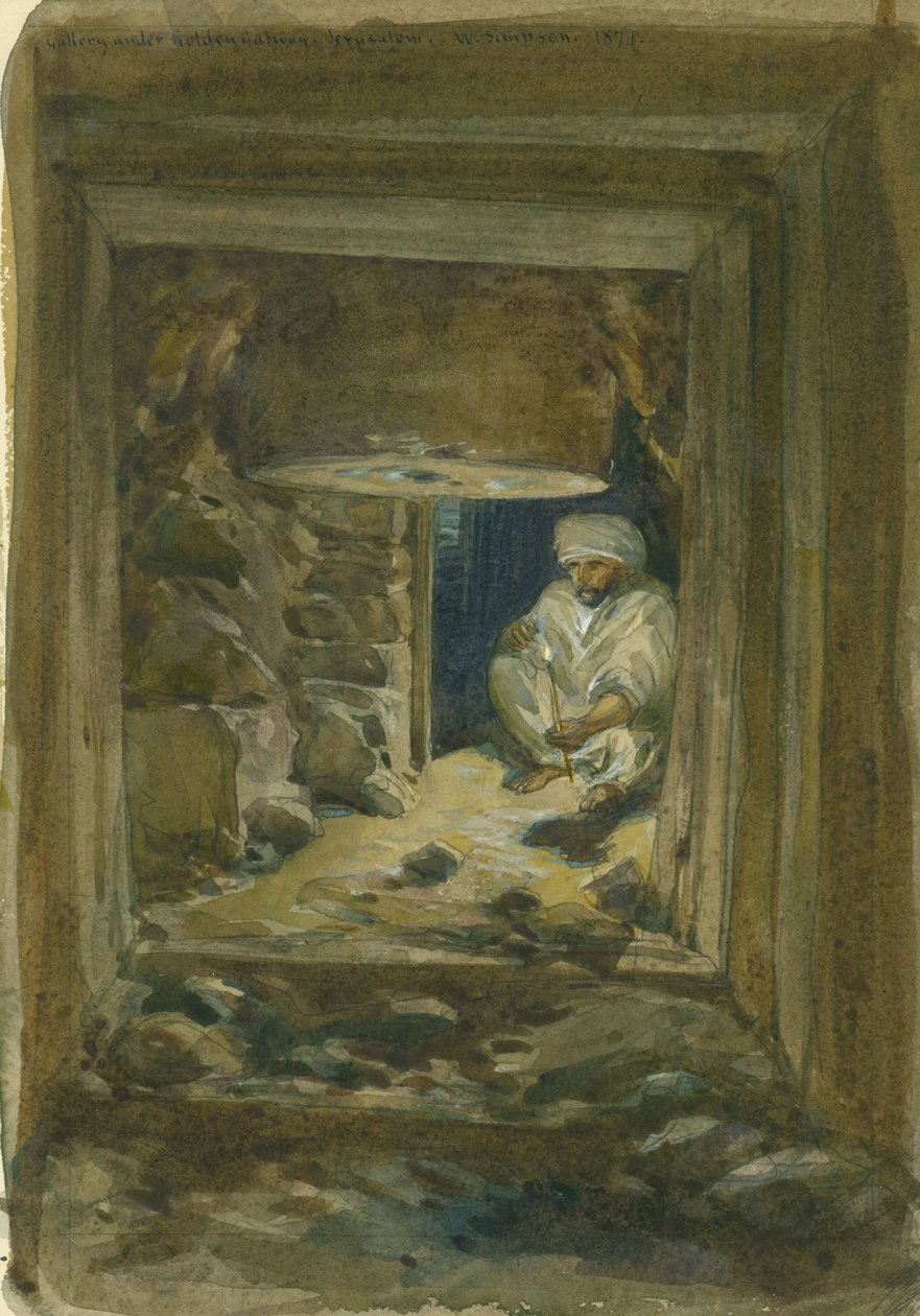 Golden Gateway altındaki galeri, Kudüs, 1871 (kağıt üzerinde wc ve kurşun kalem) by William Crimea Simpson