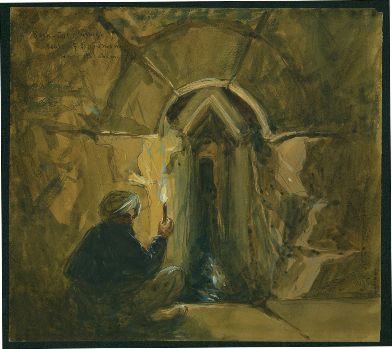 Kaya tüneli, Süleyman Havuzları, Bethlehem yakınlarında, 1872 (kağıt üzerinde wc ve kurşun kalem) by William Crimea Simpson