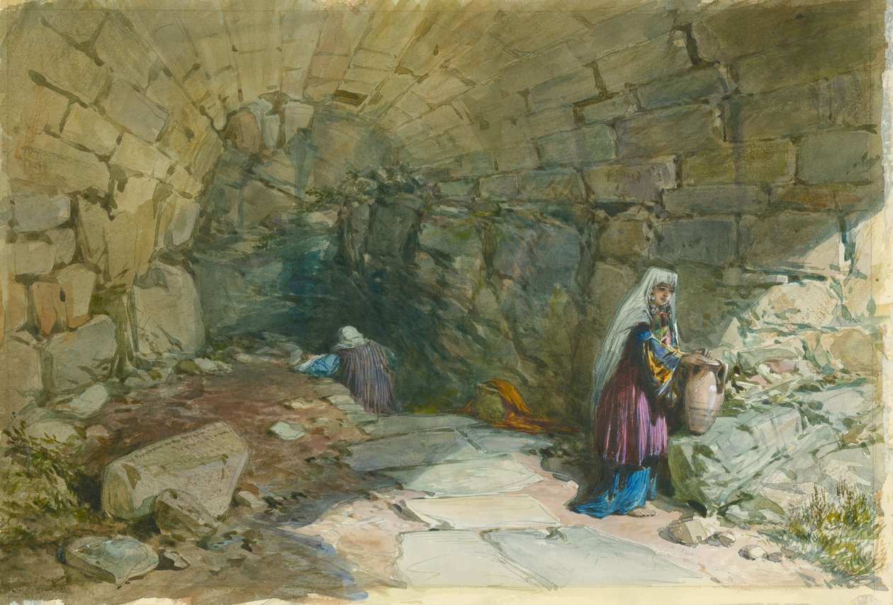 Bakire Çeşmesi, Kudüs, 1869 (kağıt üzerinde wc ve kurşun kalem) by William Crimea Simpson