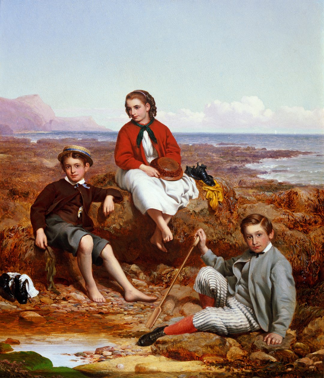 Florence, Arthur and Charles Moore on a sea-shore, 1868  by William Crosby