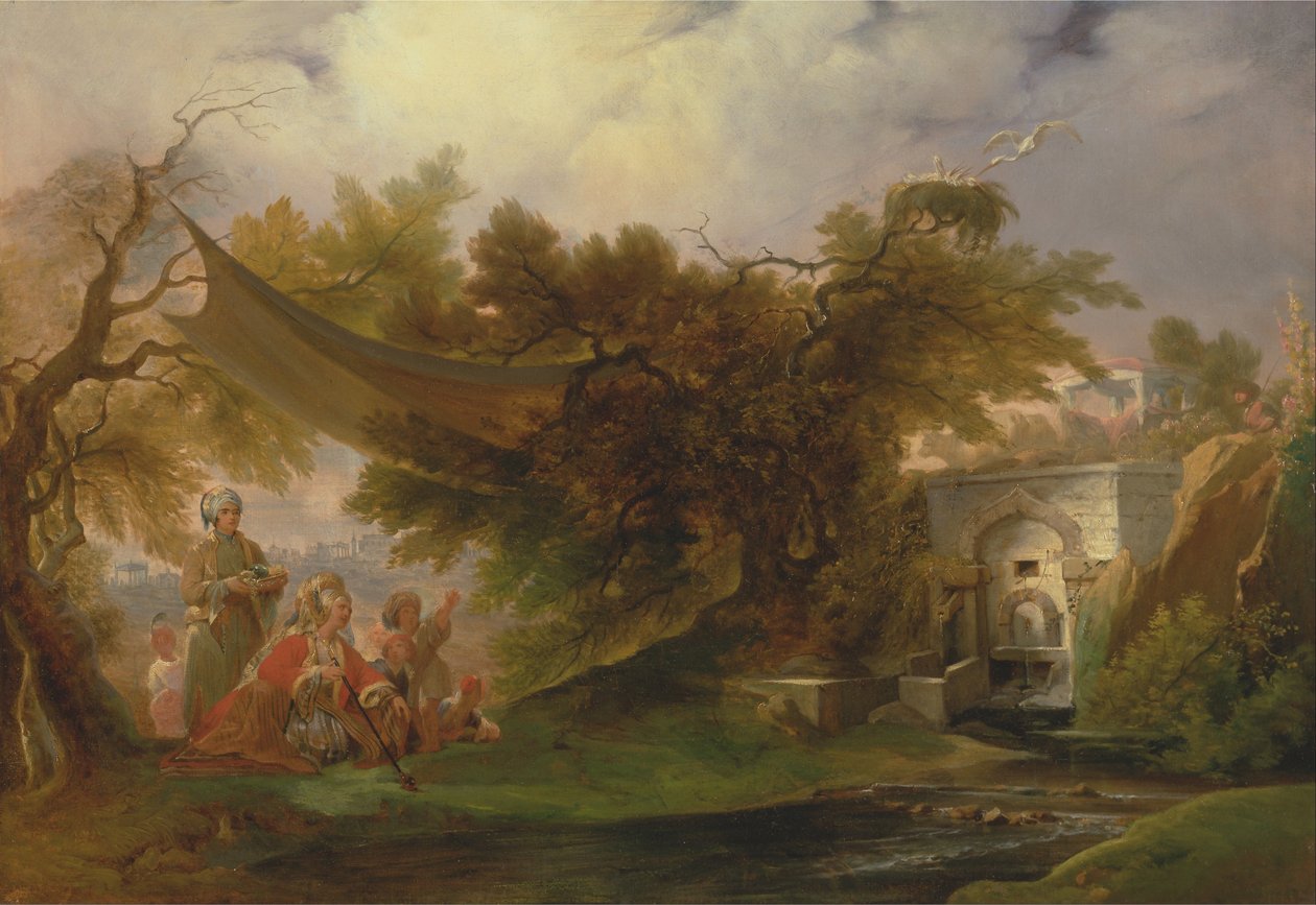 Bir Derenin Yanında Rakamlarla Hint Manzarası by William Daniell