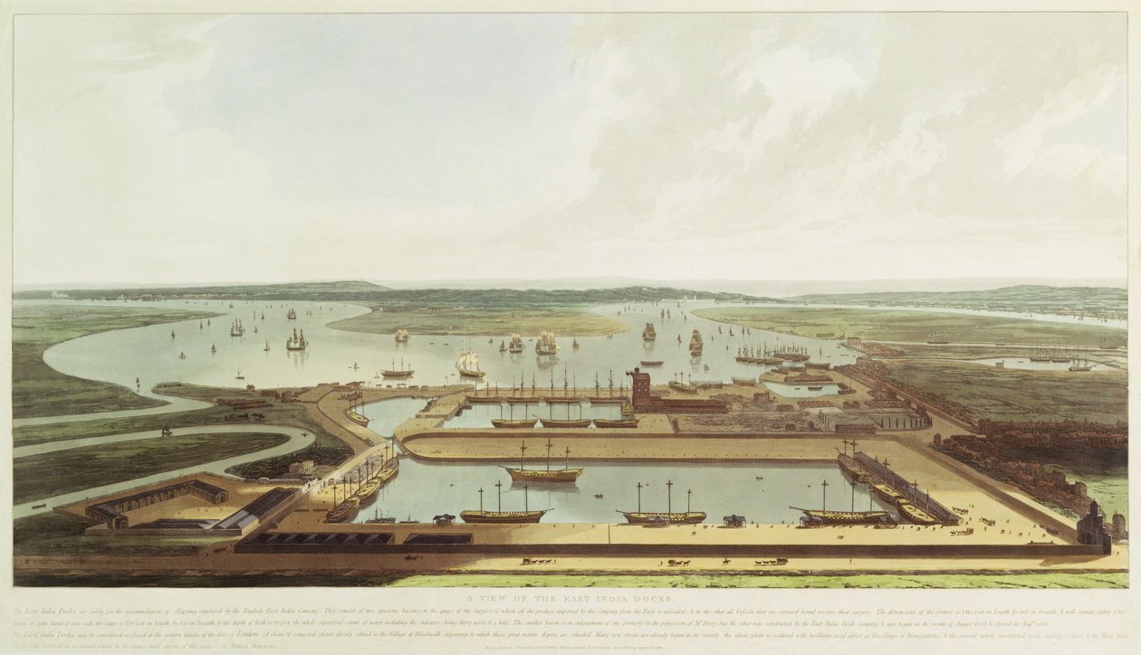 New Dock, Wapping, 1808 (el boyaması aquatint) by William Daniell