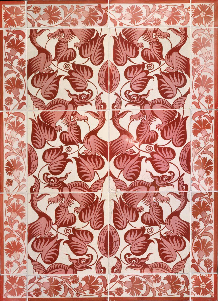 C.4-1941 Kuşlar, Ejderhalar ve Yaprakların tekrar desenli çini paneli, c.1882-88 (parlak sırlı toprak kap) by William de Morgan