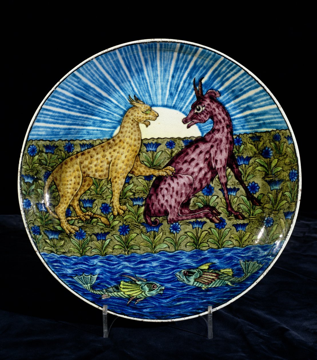 Charles Passenger, 1888-97 (seramik) tarafından boyanmış bir nehir kıyısında bir leopar ve bir geyik ile şarj cihazı by William de Morgan
