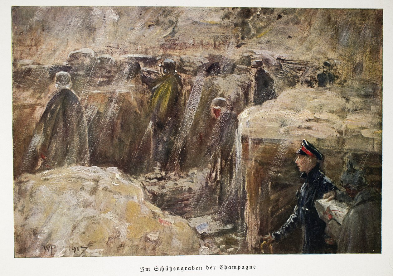 Almanya Veliaht Prensi William, Şampanya barında hatların gerisindeki birlikleri siperlerinde ziyaret ediyor. 1917 (renkli litografi) by William Friedrich Georg Pape