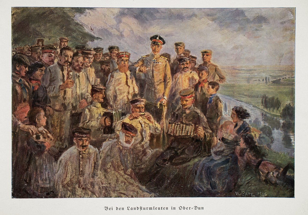 Almanya Veliaht Prensi William, görev dışındayken aileleriyle birlikte dinlenen askerleri ziyaret ediyor, pub. 1918 by William Friedrich Georg Pape