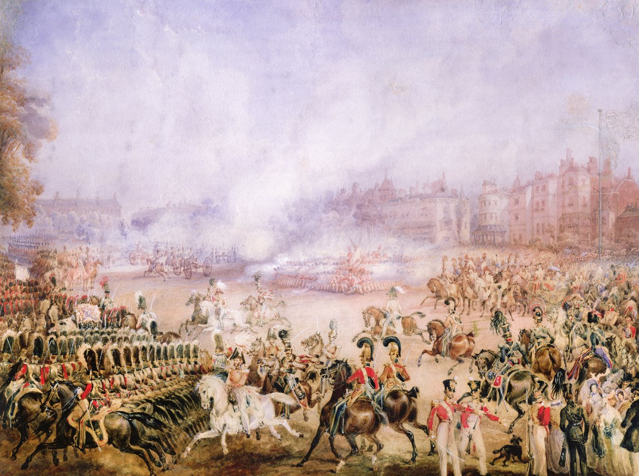 Queen Victorias Katılım Günü Selamı, Hyde Park, Londra, 1837 (kalem, arap zamkı, wc ve kağıt üzerine guaj) by William Heath