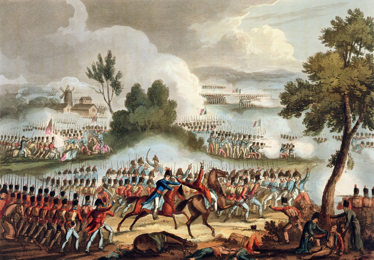 İngiliz Ordusunun Sol Kanadı Waterloo Savaşı'nda Eylemde, 18 Haziran 1815, 'Büyük Britanya ve Müttefiklerinin 1799-1815'ten Dövüş Başarıları', James Jenkins tarafından, Tho tarafından oyulmuş by William Heath
