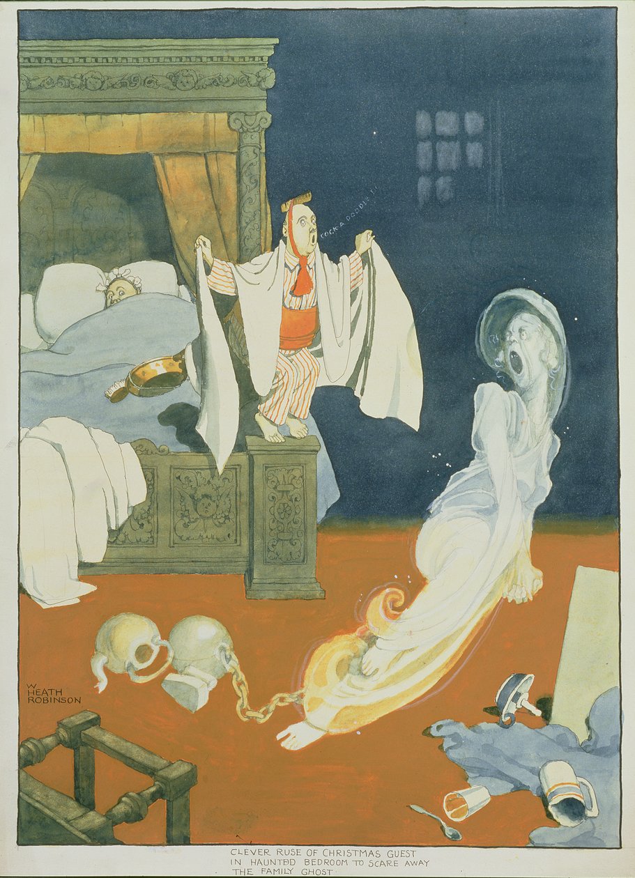 Aile hayaletini korkutmak için perili yatak odasında Noel konuğunun akıllıca oyunu (kalem ve mürekkep ve kağıt üzerinde tuvalet) by William Heath Robinson