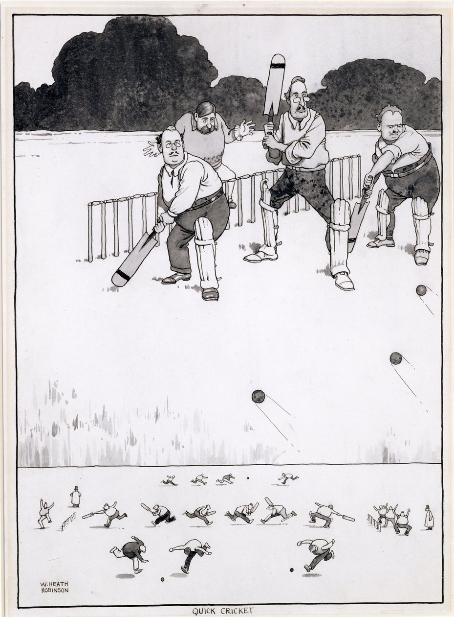 Quick Cricket, Her İki Tarafa da Bir Şans Vermek İçin Yeni Bir Yöntem, The Bystander için bir illüstrasyon, Mayıs 1927 (kalem ve mürekkep ve tuvalet) by William Heath Robinson