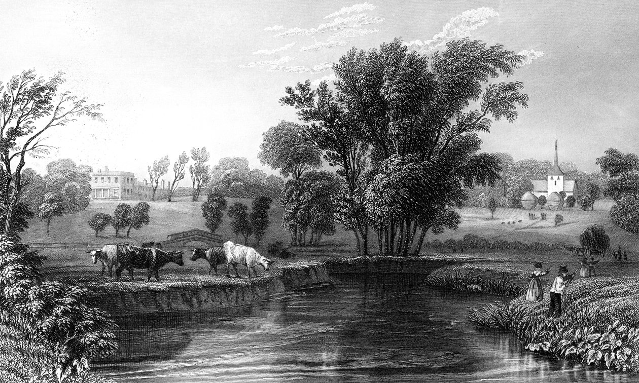 Stisted Hall ve Kilise, Essex, William Wallis tarafından oyulmuş, 1832 by William Henry Bartlett
